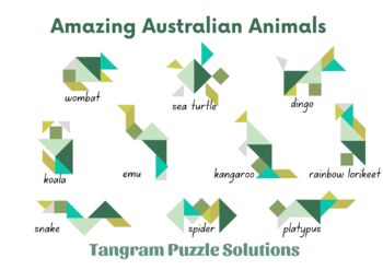 Tangram puzzles amazing australian animals full color bw silhouette incl