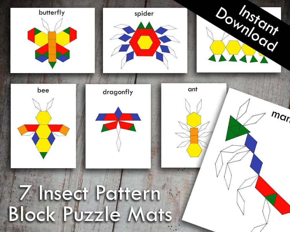 Insect bug pattern block tangram puzzles printable digital download