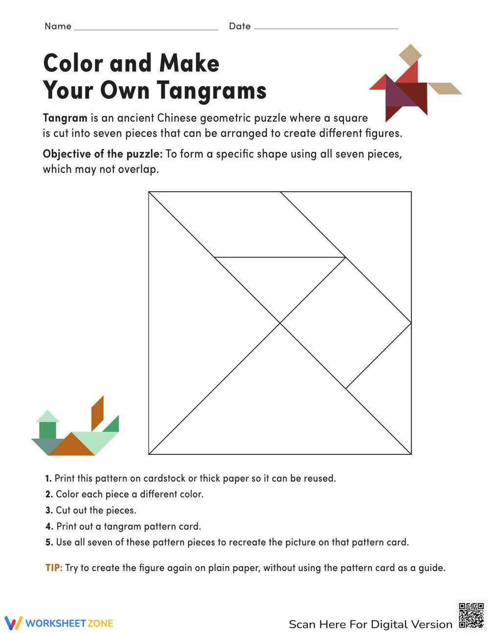 Color a tangram template worksheet