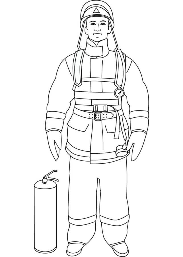 Stately firefighter with an oxygen tank coloring page