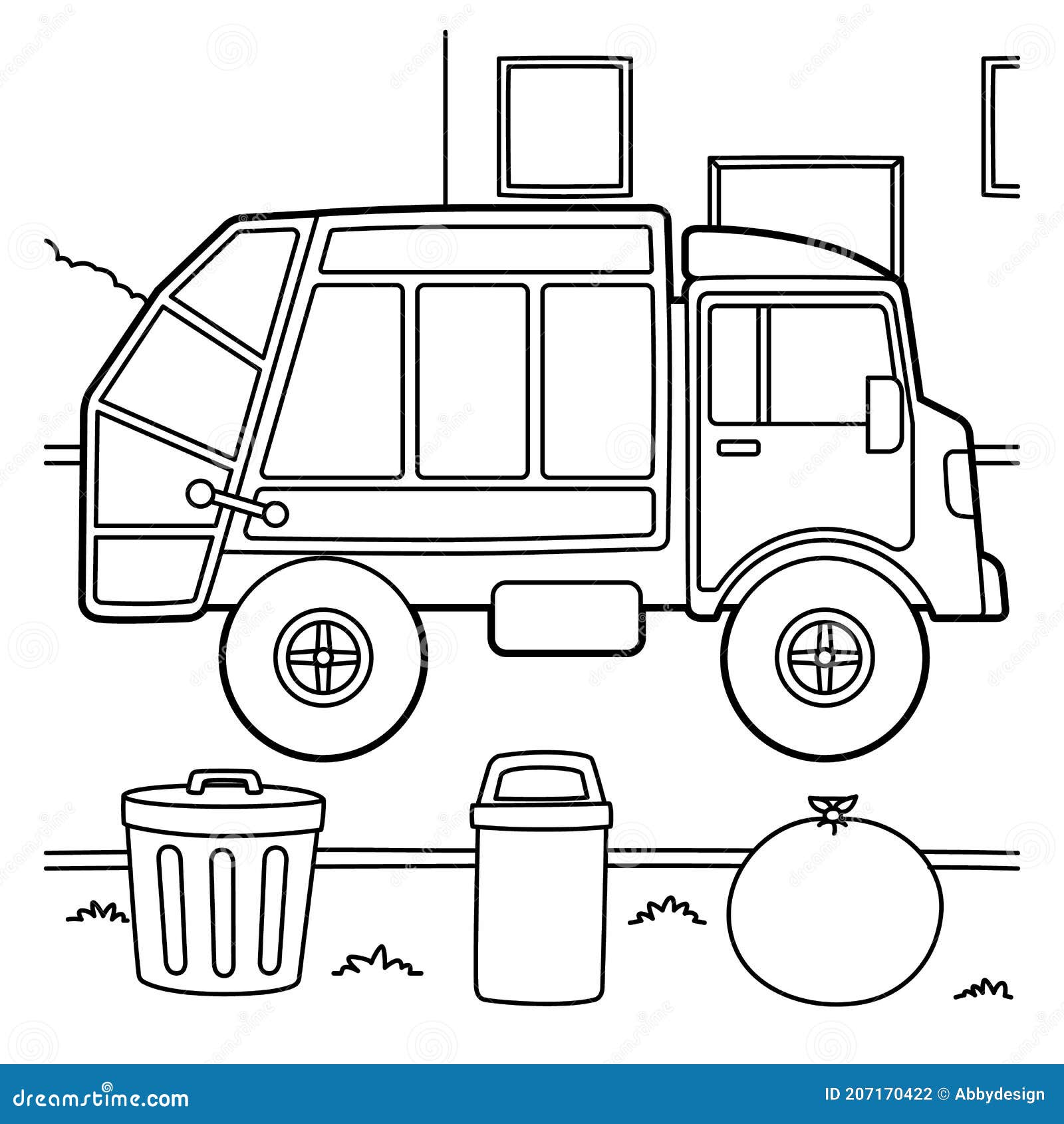 Garbage truck coloring page stock illustration