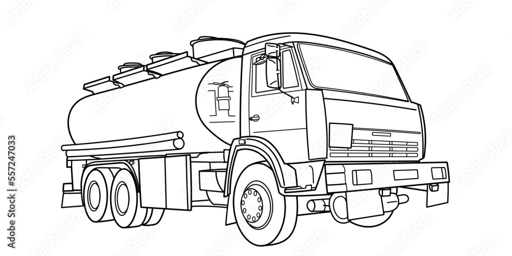 Doodle vector contour outline tank truck wide angle side and front view truck semitrailer tank oil fuel tanker freight liquid transportation for coloring book page urban cargo transportation vector