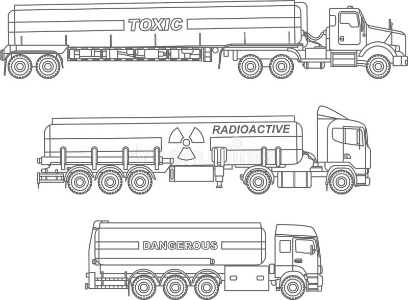 Coloring pages set of different kind cistern trucks carrying chemical radioactive toxic hazardous substances flat stock vector