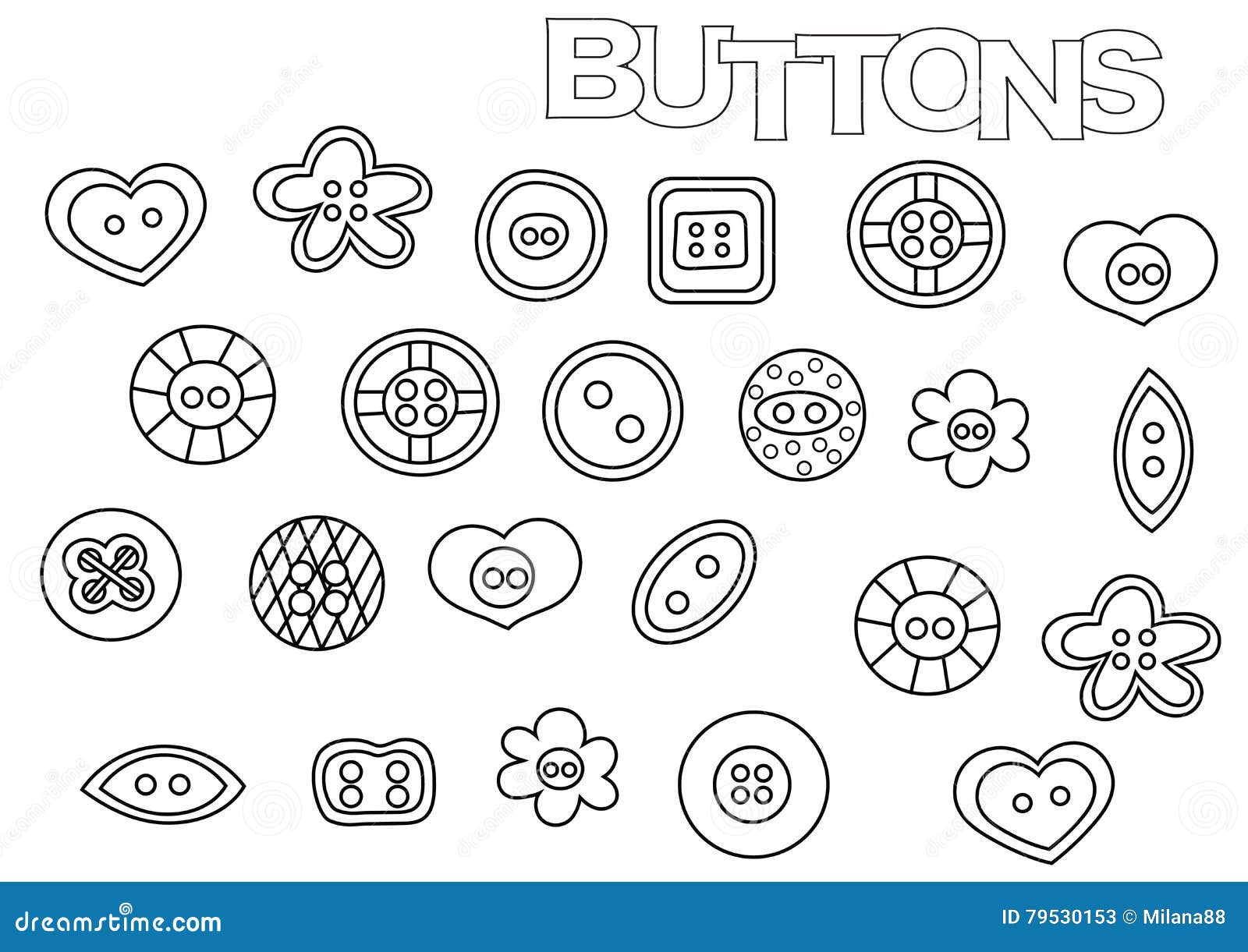 Hand drawn sewing buttons set coloring book page template stock vector