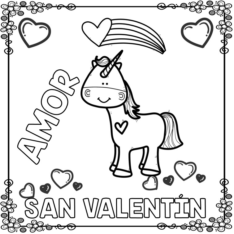 Tarjetas para colorear dia del amor y la amistad unicornios