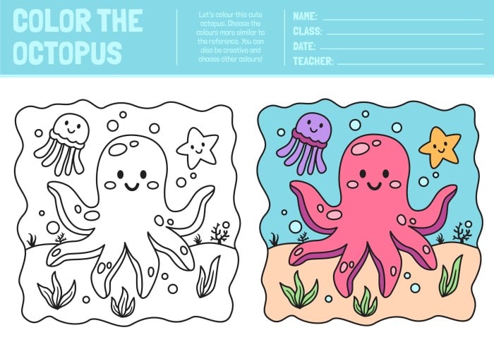 Hoja de ejercicios para colorear del pulpo del jardãn de infancia gratis