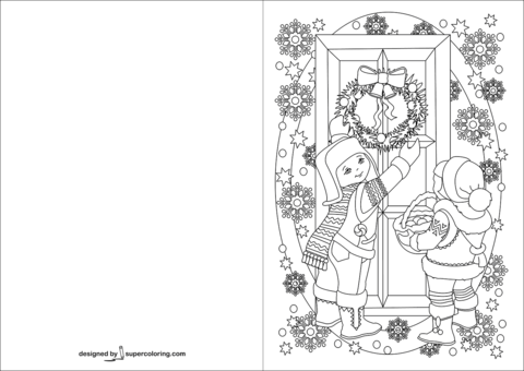 Children decorating a door with christmas wreath card coloring page free printable coloring pages