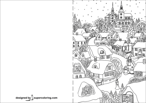 Snowy village on christmas eve card coloring page free printable coloring pages