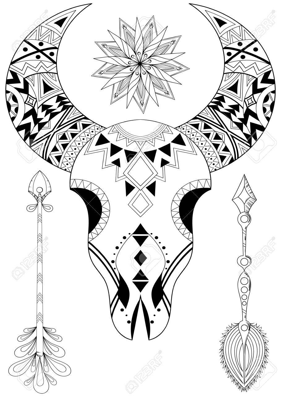 Animal skull with sun and arrows hand drawn ethnic tattoo for adult coloring pages art therapy boho t