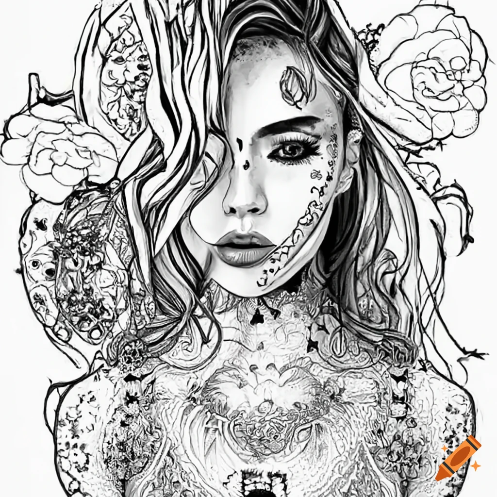 Coloring page for kids tattoos on a beautiful woman k thick lines black and white on