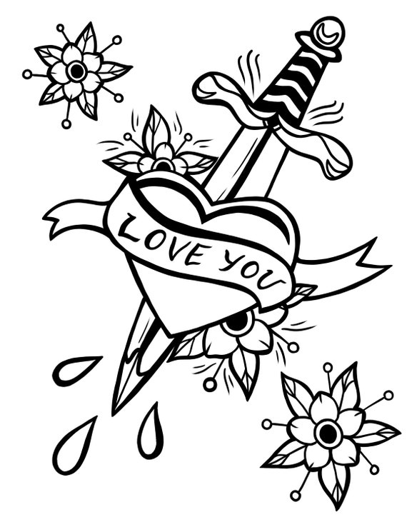 Old school traditional style tattoo digital coloring page bundle instant download printable