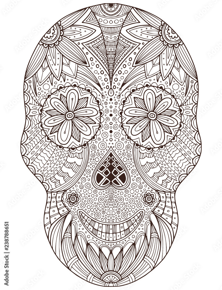 Hand drawn mexican sugar skull with flowers pattern isolated vector art for adult coloring book page skull print tattoo design vector