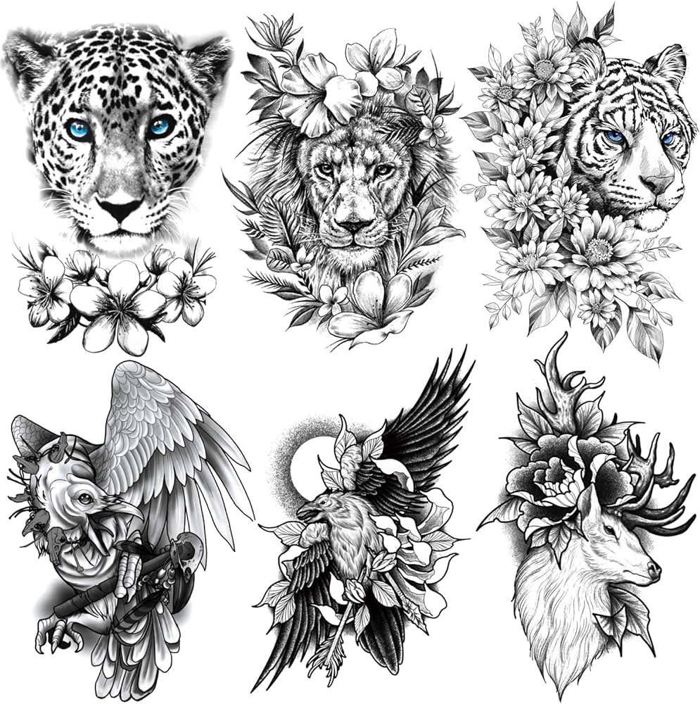 Kotbs hojas de tatuajes temporales realistas de animales realistas para hombres y mujeres calanãas de tatuaje impermeables para adolescentes y niãos d con patrãn de leãn tigre leopardo pãjaro ciervo