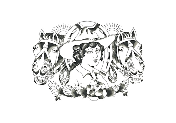 Cartel flash de tatuaje de vaquera y caballo pintas o disfrutas en blanco y negro diseão de tatuaje occidental tradicional arte del tatuaje flash del tatuaje