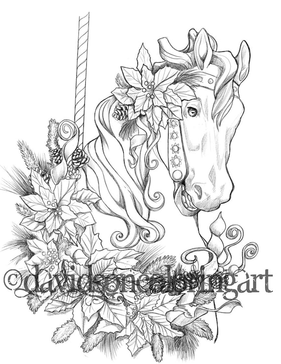 Caballo de carrusel de navidad dibujo para colorear para adultos colorear fantasãa invierno escala de grises descarga instantãnea imprimible