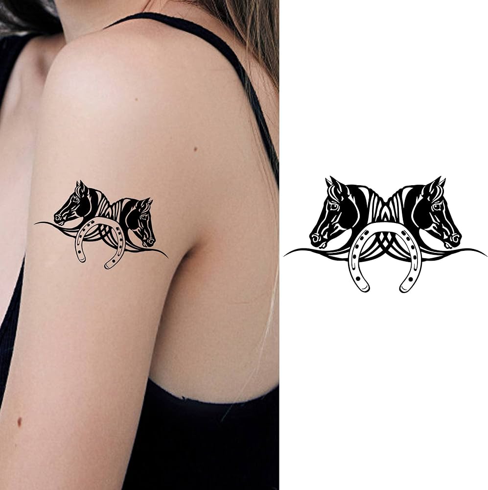 Dopetattoo six sheets temporary tattoos for men and women horse heads with horseshoe fake tattoos for men women neck arm chest beauty personal care