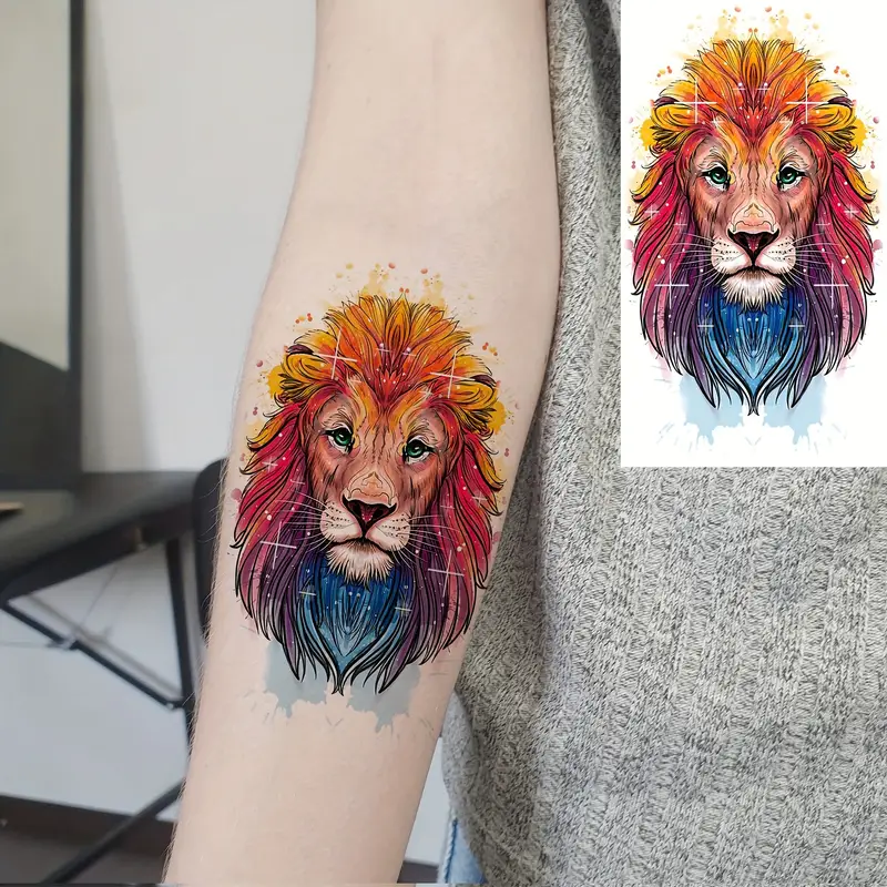 Watercolor animals temporary tattoos for women men adults arm hands neck waterproof fake lion wolf tiger tattoo sticker fake water color rose anchor fox arrows flamingo owl skull skeleton tattoo paper