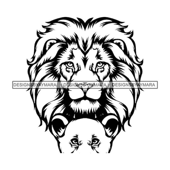 Lion and cub mane hunters lioness feline cats wild animals jungle african predators tattoo outline graphic vector svg png jpg cutting files