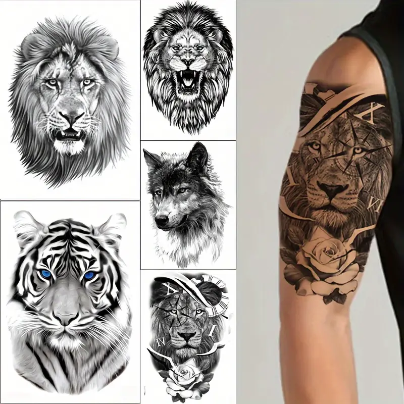 Mens waterproof tattoo cool lion wolf tiger fake tattoo