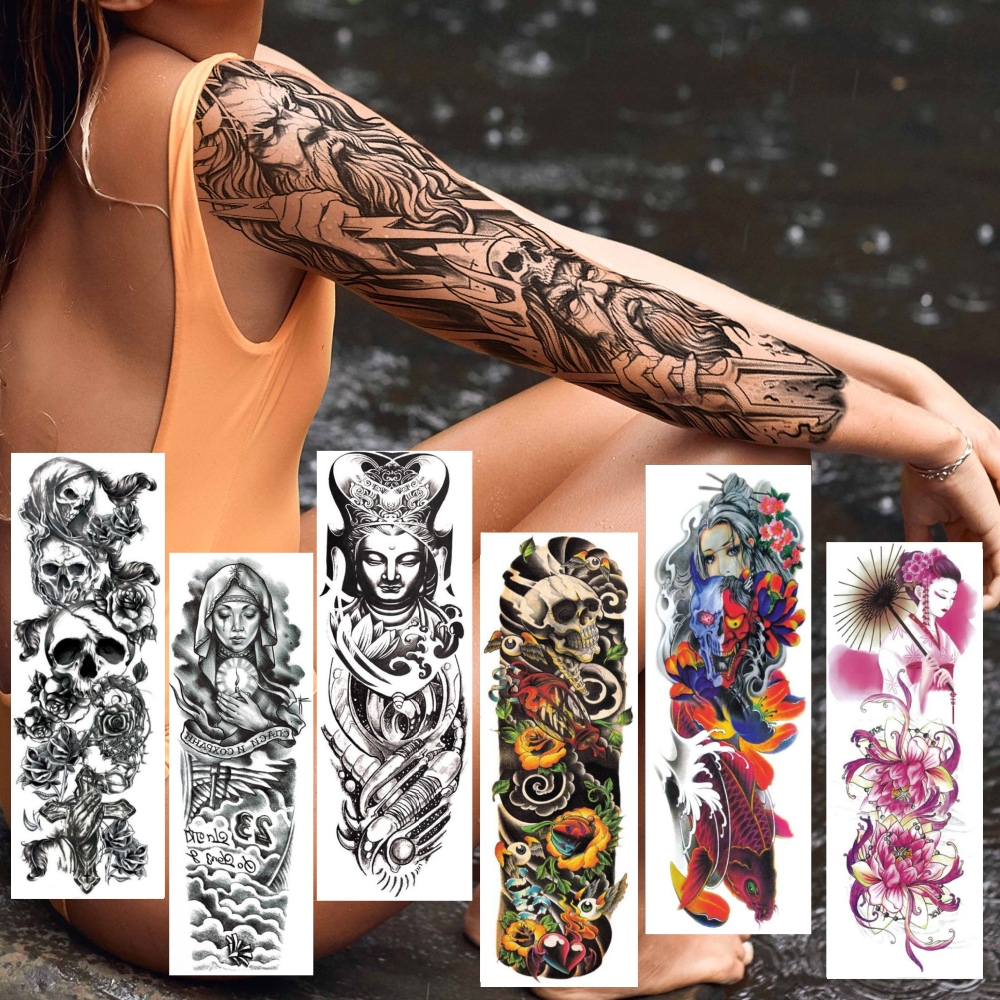 Pegatinas de tatuaje de manga de pez lobo para hombr y mujer tatuaje temporal falso de brazo pleto ristente al agua arte corporal de brazo y pierna de gran color piezas