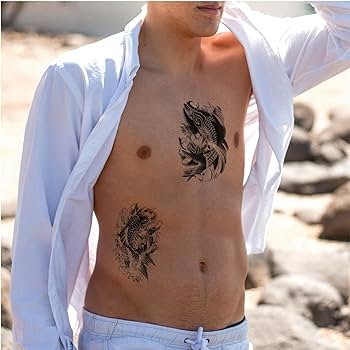 Tatuaje temporal de pez realista de media manga tatuaje falso de flor de pez koi grande para mujeres adultas hombres color negro anime anime sirena tatuaje tatuaje adhesivo nião adolescente brazo