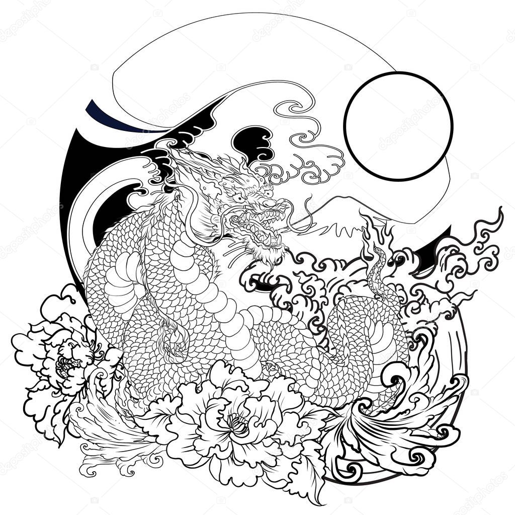 Dragãn dibujado mano tatuaje libro para colorear estilo japonãs dragãn vector de stock de nipatsara