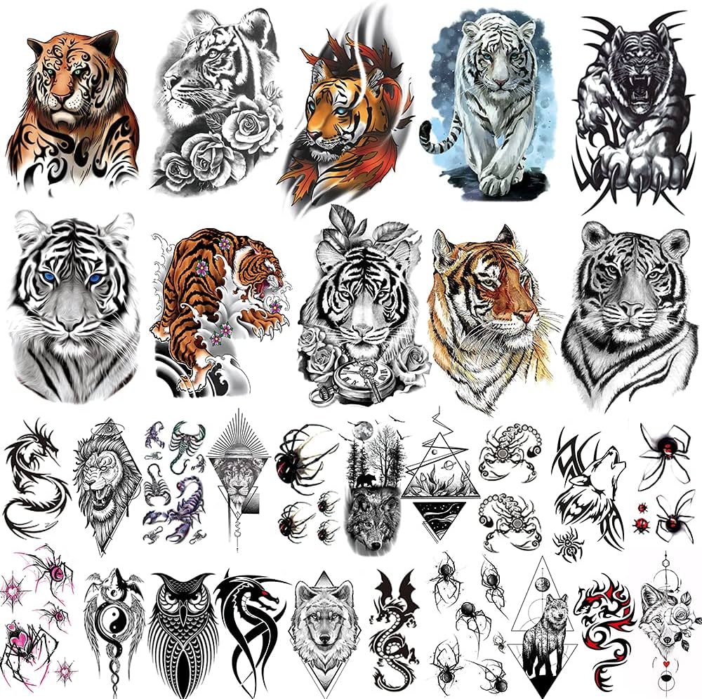 Hojas de tatuajes temporales de tigre coloridos grandes para hombres y mujeres calanãas de tatuaje temporal de tigre realistas para adultos lobos falsos d araãa escorpiãn animales tatuajes belleza