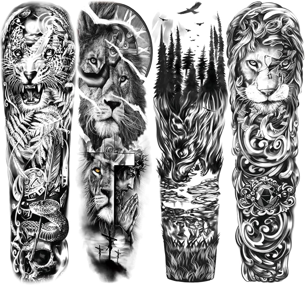 Briyhose manga de tatuaje temporal de leopardo de leãn para hombres y mujeres tamaão grande de brazo pleto bosque de lobos tribales manga de tatuajes falsos para adultos de larga duraciãn