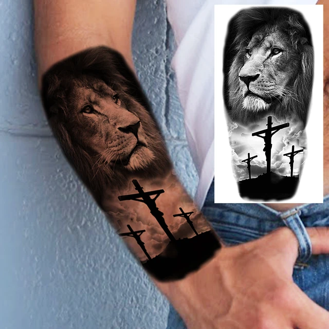 Black lion forearm cross temporary tattoos for men adult tiger skull wolf pass warrior fake tattoo fashion waterproof tatoos