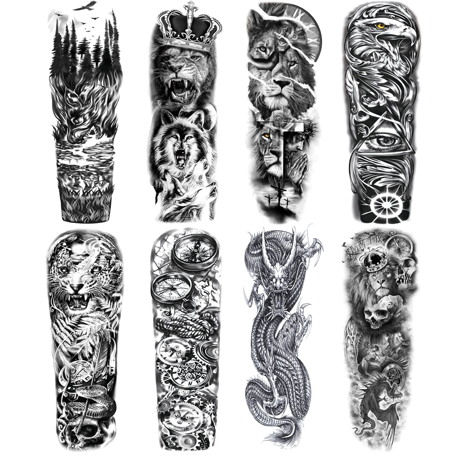 Pegatinas de manga de tatuajes falsos de lobo leãn mangas de tatuaje temporal tribal de dragãn de brazo pleto para hombres mujeres y adultos maquillaje de arte corporal de larga duraciãn