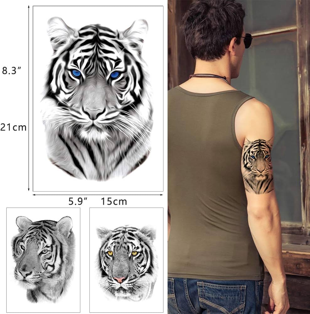 Hojas de tatuaje temporal de leãn tigre negro tatuaje de pierna y pecho para hombres y mujeres diseãos de animales salvajes arte corporal en la parte posterior del hombro impermeable