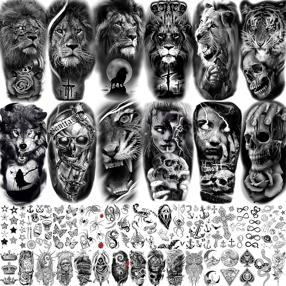 Joehapy hojas de antebrazo d negro realista lobo tigre leãn tatuajes temporales para hombres y mujeres brazo de muslo calavera aterradora gãtica gãngster tatuaje falso adulto tatuaje tribal grande de