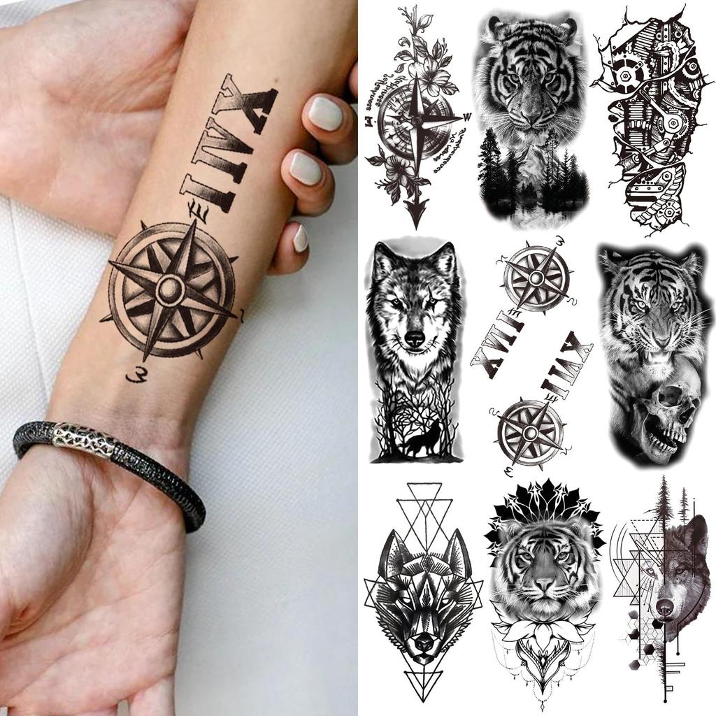 Prar tatuaje temporal con letra de brãºjula para hombres y mujeres tatuajes realistas de calavera de lobo falso pegatina de tigre tatuajes de bosque negro para antebrazo tienda online