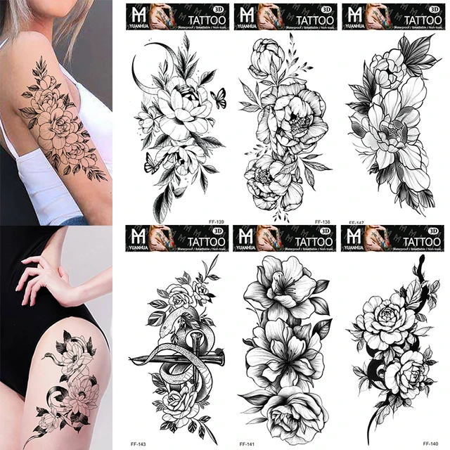 Tatuaj temporal de flor negras sexys para mujer hombr muslo manga del brazo rosa flor falsa realista d tatuaj para antebrazo pegatinas