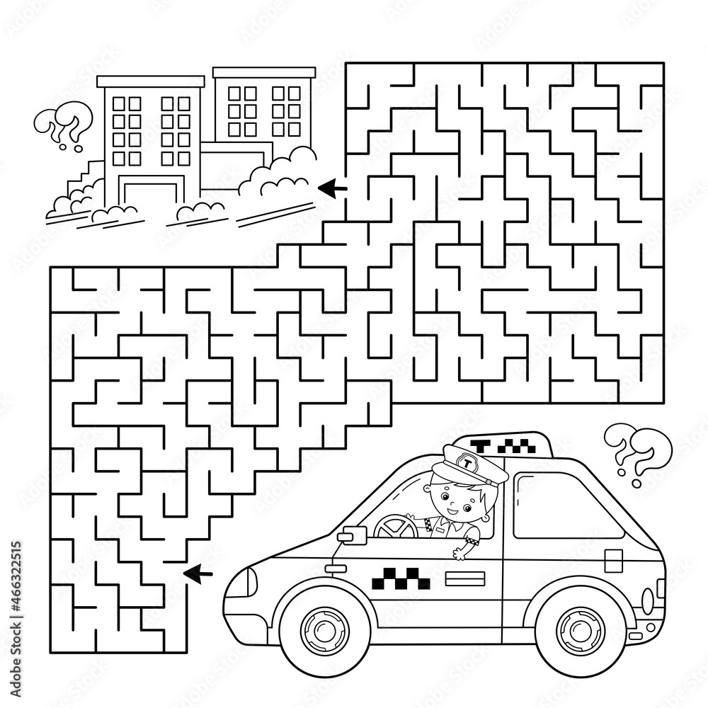 Maze or labyrinth game puzzle coloring page outline of cartoon taxi driver with car profession