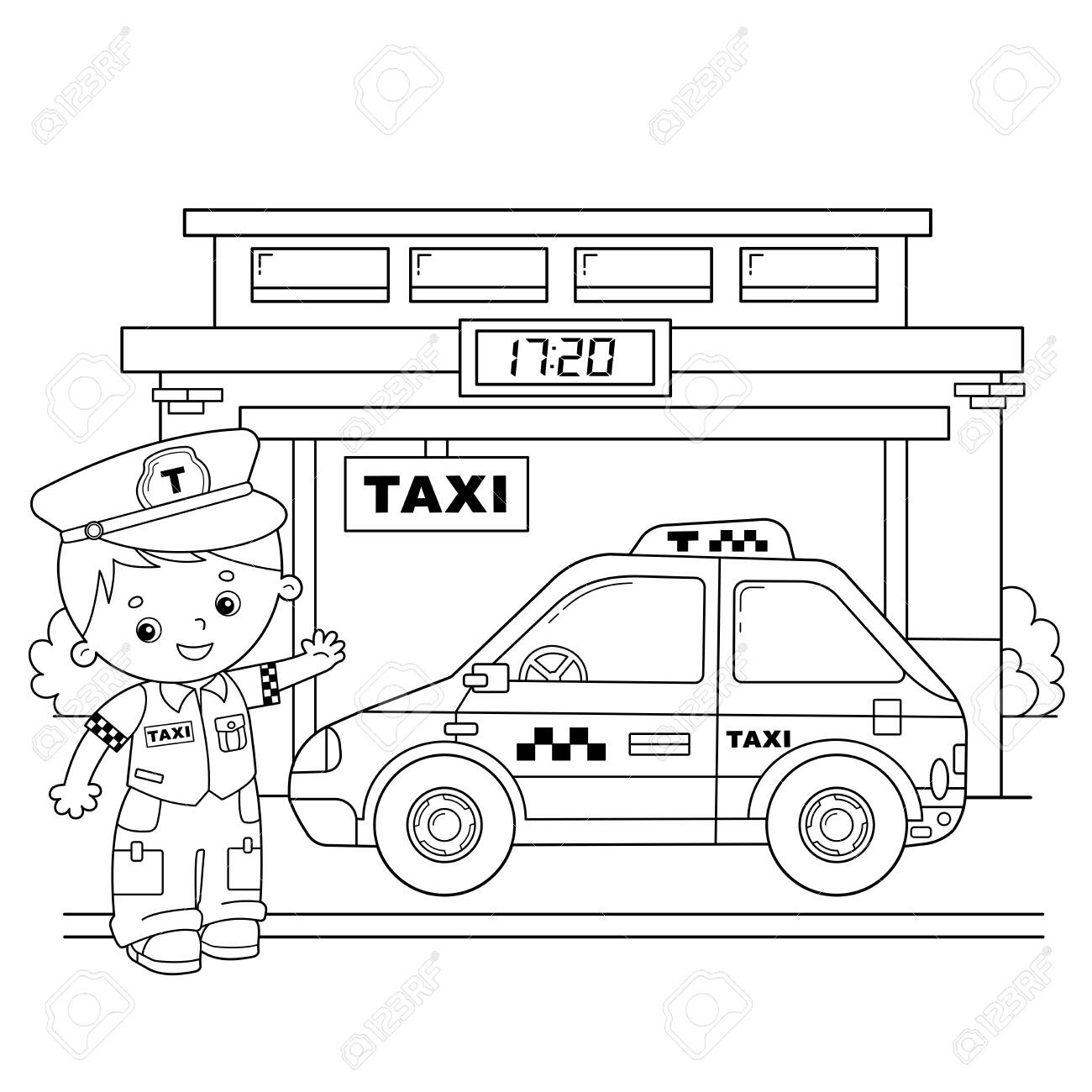 Coloring page outline of cartoon taxi driver with car profession