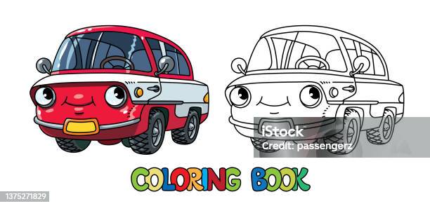 Funny small retro car with eyes coloring book stock illustration