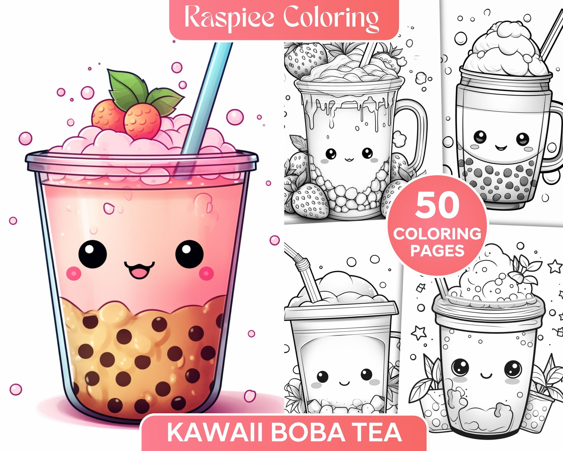 Cute kawaii boba tea grayscale coloring pages for adults and kids â coloring