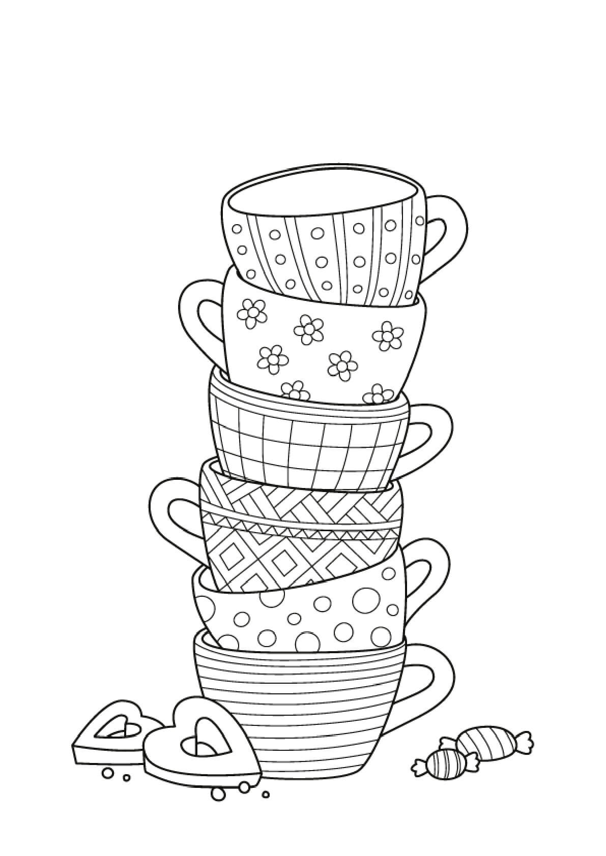 Tea cups with candies coloring page