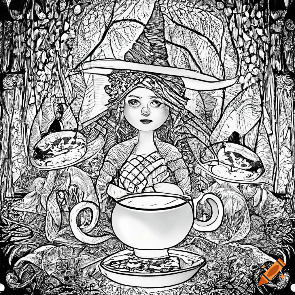 Fairies and witches drinking tea coloring page black and white