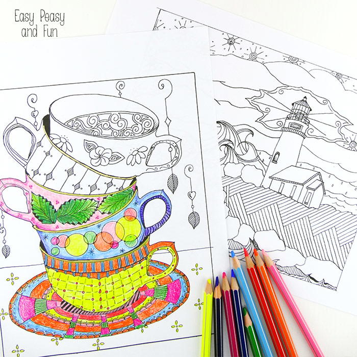 Tea cup and lighthouse coloring sheets