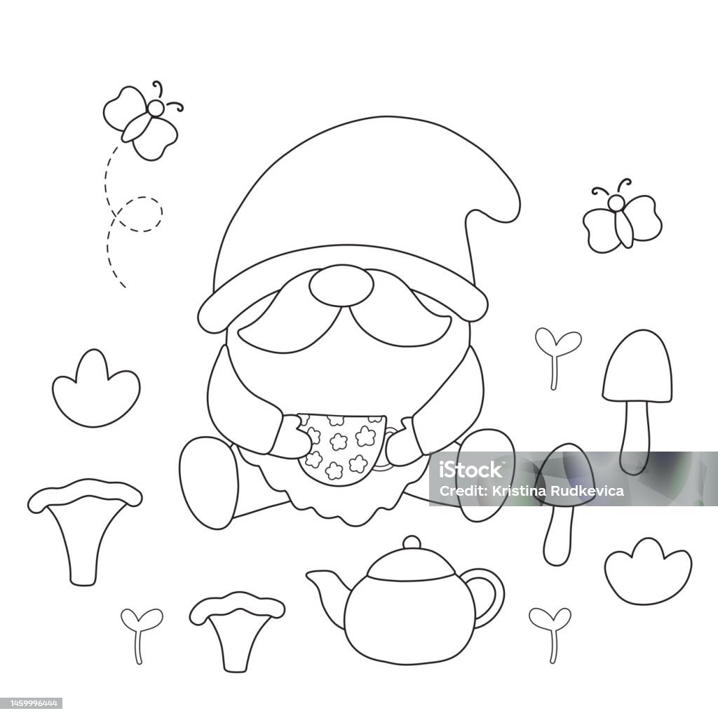 Coloring page with cute gnome tea cup forest plants and butterfly stock illustration