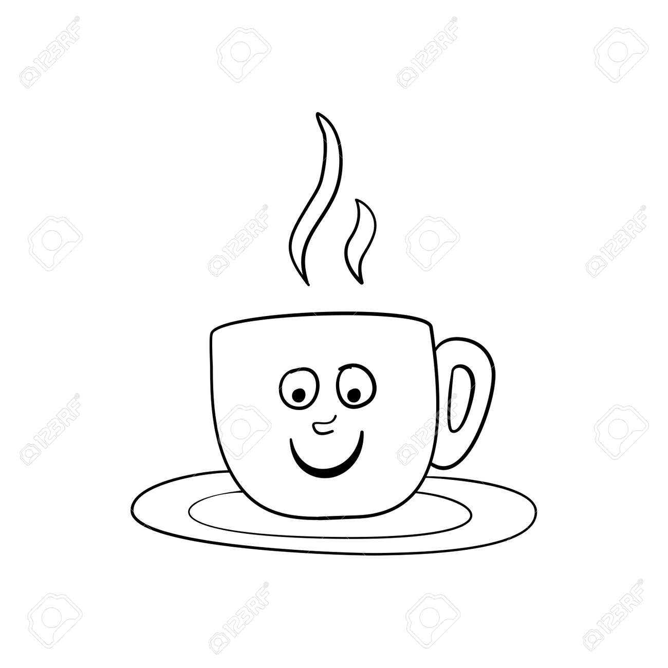 Hot happy cup of coffee or tea with smile face simple childish cartoon mascot character outline drawing in black stroke doodle suitable for coloring book royalty free svg cliparts vectors and stock