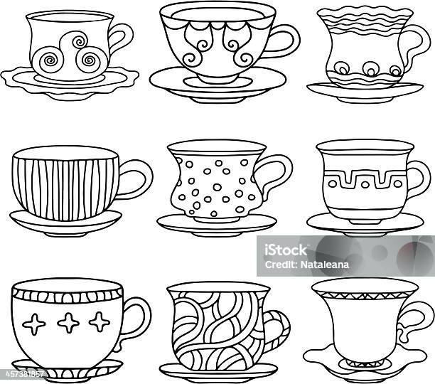 Seamless vector pattern with tea cups black on white background isolated with drawings various shapes doodle style suitable for fabric packaging and coloring pages set of cups and glasses stock illustration