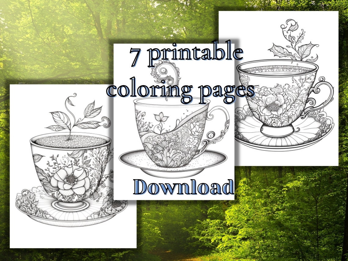 Set of tea cup coloring pages for adults printable jpg and pdf files