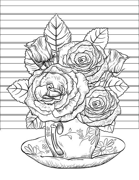 Flowers and tea adult coloring page stock illustration