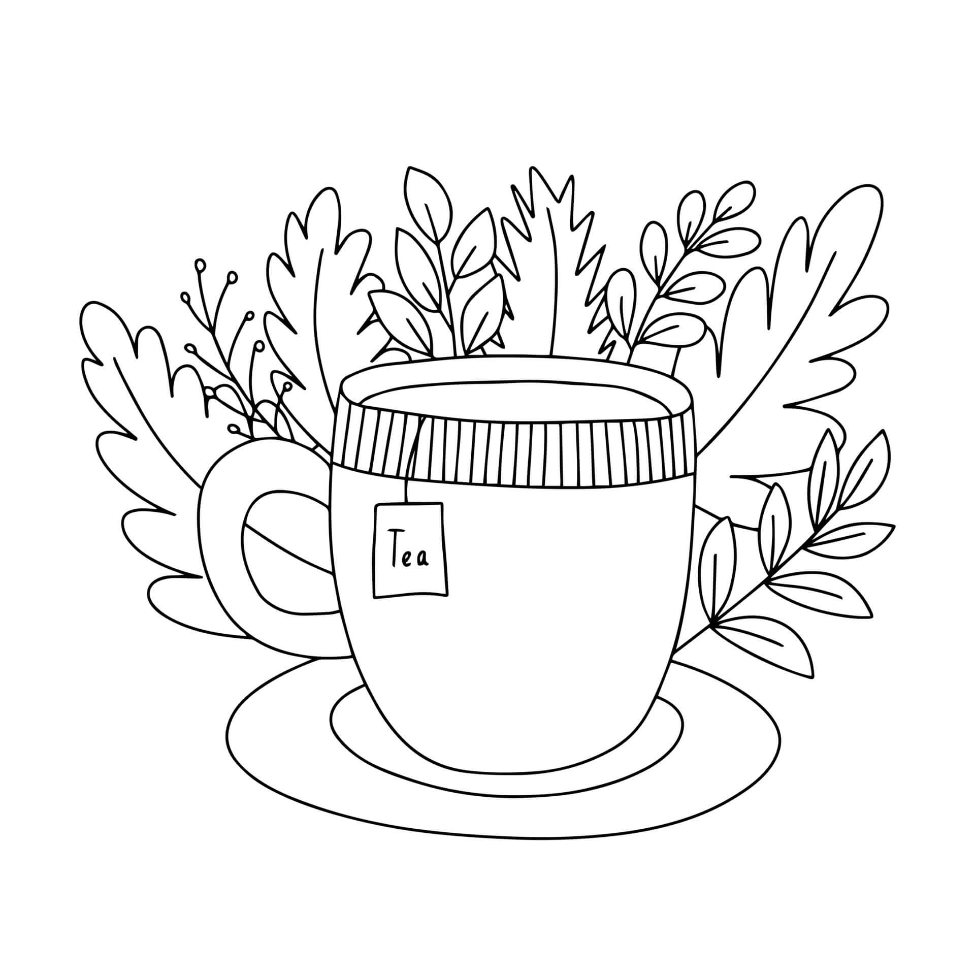 Drawing tea cup with leaves coloring page