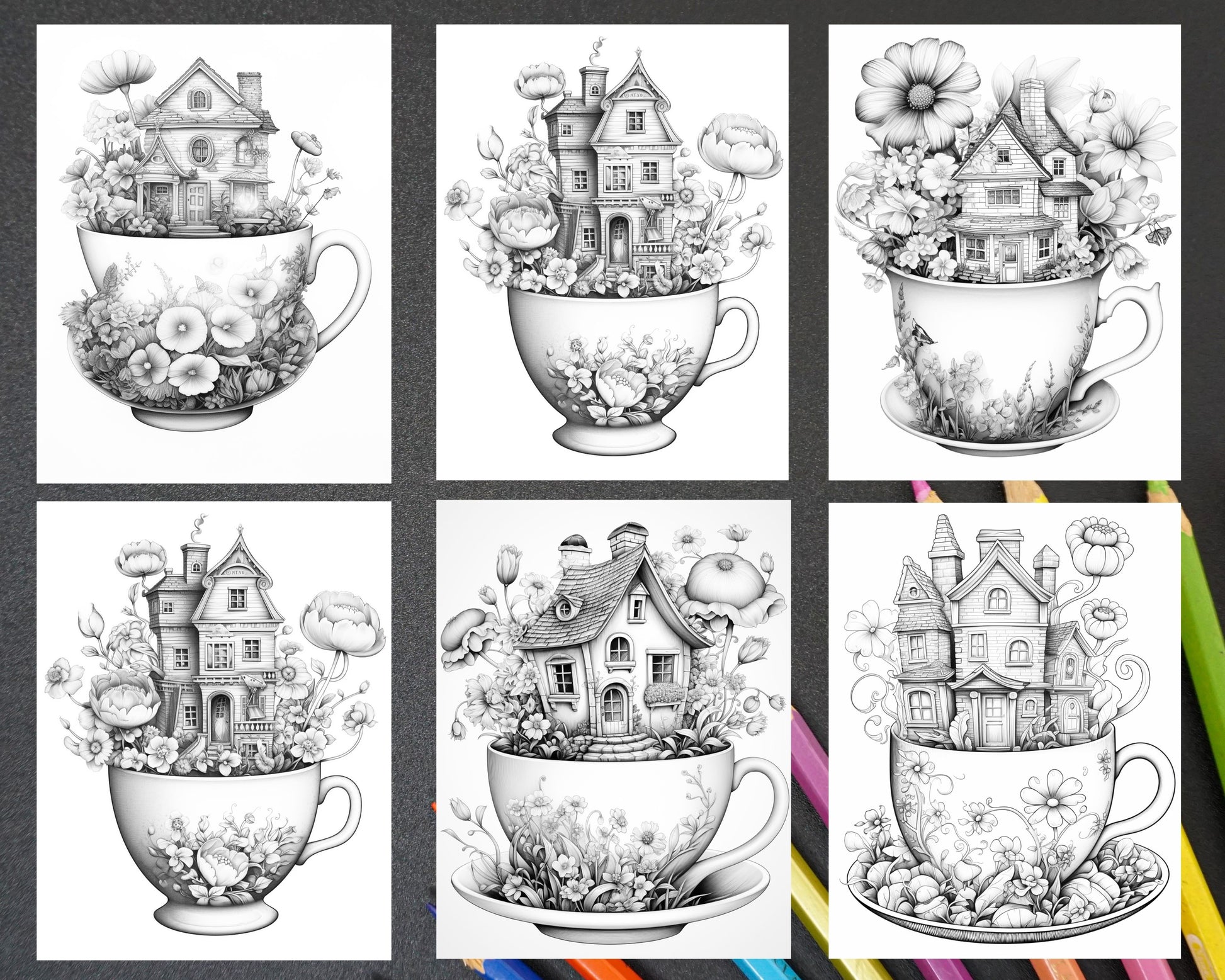 Flower teacup fairy houses grayscale coloring pages printable for a â coloring