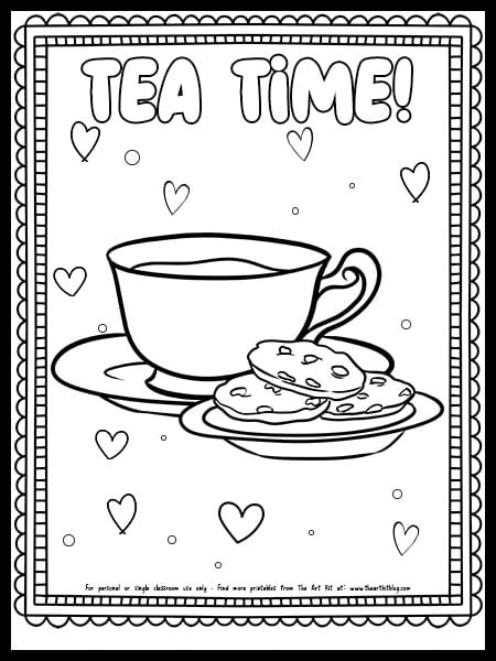 Tea cup and cookies coloring page free printable â the art kit