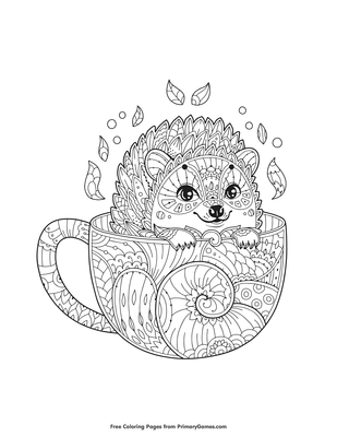 Hedgehog in teacup with leaves coloring page â free printable pdf from